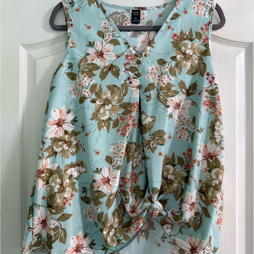Blue Sleeveless Tie Front Blouse
